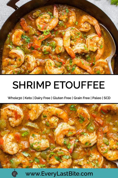 This Paleo Shrimp Etouffee is a healthy spin on the flavour packed Cajun dish that requires one pan and takes just 30 minutes to make! It's also Whole30, Keto, Grain Free, Gluten Free, Dairy Free and Specific Carbohydrate Diet Legal. Gluten Free Shrimp Etouffee, Keto Shrimp Etouffee, Keto Etoufee Recipe, Dairy Free Shrimp Recipes, Gluten Free Shrimp Recipes, 2024 Diet, Paleo Seafood, Sausage Shrimp, Paleo Ideas