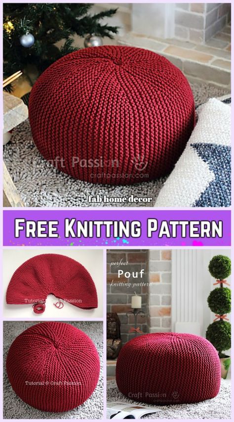 Garter Stitch Knit Pouf Free Knitting Pattern Knitted Pouffe Pattern, Pouffe Pattern, Knitted Pouffe, Knit Decor, Crochet Pouf, Garter Stitch Knitting, Knitted Pouf, Vogue Knitting, Knit Pillow