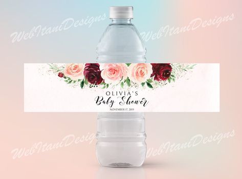 Water Bottle Labels for Girl Baby shower with Blush Burgundy | Etsy Pink Pumpkin Baby Shower, Water Bottle Labels Template, Baby Shower Labels, Bottle Label Template, Shower Water, Bloom Baby, Pink Pumpkins, Baby Shower Pumpkin, Baby Shower Fall