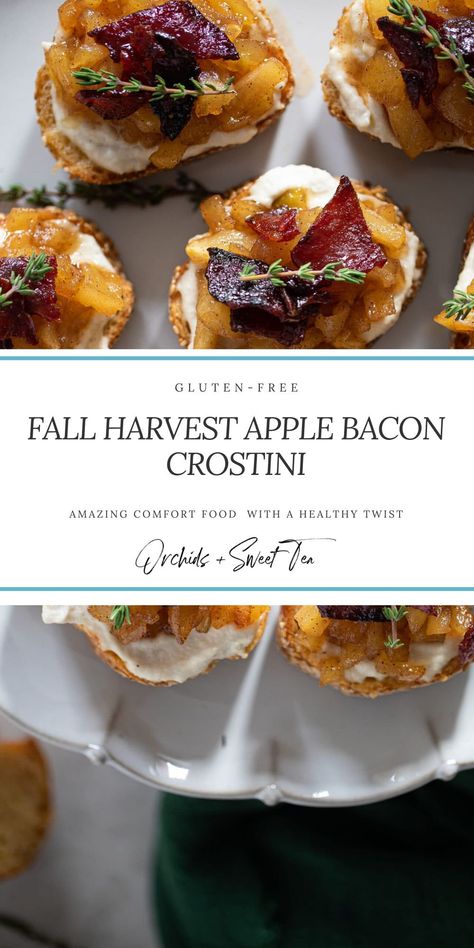 When it comes to these Fall Harvest Apple Bacon Crostinis, the word ‘delicious’ is an understatement. This simple in method, yet complex in flavor recipe is the perfect little bite for any occasion or gathering, especially during the Fall season. Lightly crisp sliced french bread topped with vegan ‘cream cheese’ made from cashews, candied bacon, sautéed spiced apples, and a pinch of thyme. The epitome of savory + sweet. #baconcrostini #baconcrostinis #snacks #healthyrecipe Honey Drizzled Apple Gouda Bacon Bites, Bacon Crostini, Apple Toast, Crostini Toppings, Snack Recipes Healthy, Recipes Healthy Snacks, Crostini Recipes, Bacon Appetizers, Vegan Cream