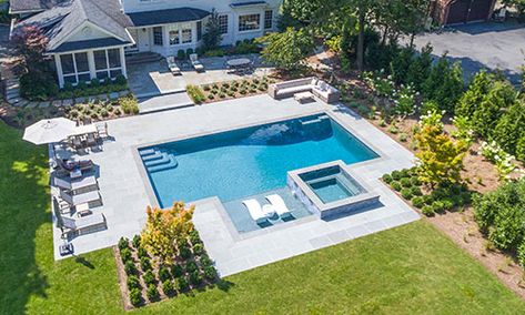 20x40 Pool, Rectangular Inground Pool, Rectangle Pool With Hot Tub And Tanning Ledge, Pool With Water Feature, Modern Rectangle Pool, Gunite Pool Ideas, Backyard Design Layout With Pool, Backyard With Pool, Simple Backyard Pool Designs