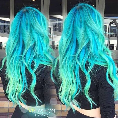 Seafoam Hair Color, Teal Roots Blonde Hair, Neon Teal Hair, Blue And Teal Hair, Aqua Blue Hair Highlights, Teal Hair Color Turquoise, Teal Hair Color Ideas, Neon Blue Hair, Blue Teal Hair