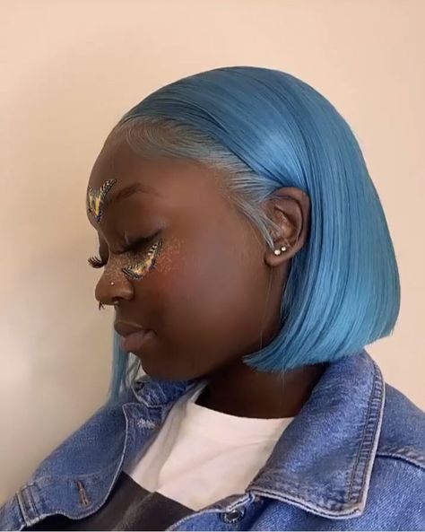 Blue Frontal Bob, Light Blue Bob Wig, Denim Blue Wig, Icy Blue Wig, Blue Wig Install, Blue Hair Black Women, Colored Bob Wig, Bday Hairstyles, Light Blue Wig