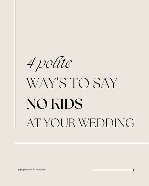 HOT FAQ incoming!!! Q: How do we say NO kids to our wedding guests? A: Say it with your wedding invitation. In this post we have given you 4 polite ways, wording suggestions to say NO KIDS on your wedding invite. WEDDING TIP: Put this request on a separate card, like your "details or info' card. It will give you more room to use enough words to sound polite, instead of trying to cram it on your main invite. 💘SAVE THIS POST OR SHARE WITH A TO BE WED COUPLE. @paperandinkstudioaus We... No Kids Allowed Wedding Invitations, No Kids At Wedding Wording, No Kid Wedding Invitation Wording, How To Say No Kids At Wedding On Invite, No Kids Wedding Invitation, No Children Wedding Invitation Wording, No Plus One Wedding Wording, Wedding Invitation No Kids, No Kids Wedding Invite Wording