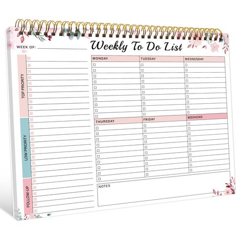 Weekly Planner Pad - Spiral Weekly Planner Undated 52 Page To-Do List Pad, 8.5" x 11" Weekly Desk Task Planner for Work and Personal Organization- Pink Petals Free Monthly Planner, To Do List Pad, Weekly Planner Notepad, Weekly Planner Pad, Monthly Planner Template, Undated Weekly Planner, Work Task, Monthly Budget Planner, Personal Organization