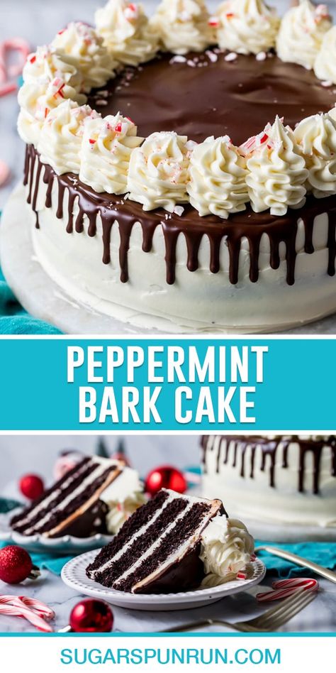 My peppermint bark cake is made with moist dark chocolate cake layers and a white chocolate peppermint frosting. It's so festive and incredibly decadent! Recipe includes a how-to video! Peppermint Patty Cake, Peppermint Roll Cake, Peppermint Bark Cake, Moist Dark Chocolate Cake, Bark Cake, Chocolate Cake Layers, Peppermint Frosting, Mini Cherry Pies, Chocolate Peppermint Cake