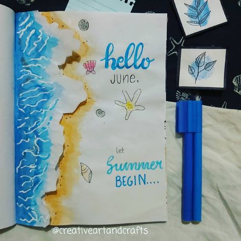 Scrapbook Ideas Ocean Theme, Bujo Sea Theme, Bujo Ocean Theme, June Drawings, Ocean Scrapbook, June Cover Page, June Bujo, Ocean Journal, Bullet Journal August