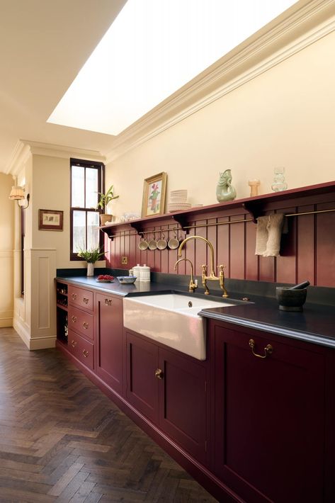 Red Kitchen Cabinets, Red Cabinets, Mad About The House, Devol Kitchens, Victorian Kitchen, Large Dining Table, Shaker Kitchen, White Countertops, Red Kitchen