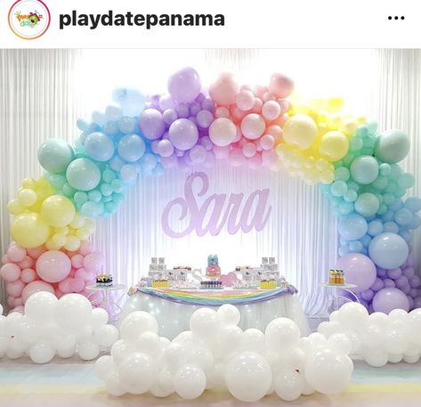 First Birthday Rainbow Theme Decoration, Unicorn Birthday Party Ideas Decoration Rainbow Theme, Unicorn Theme Decoration Ideas, Rainbow Birthday Balloons, Care Bears Balloon Decorations, Care Bear 2nd Birthday Party, Rainbow Theme 1st Birthday Party, Care Bear Balloon Arch, Rainbow Theme Birthday Decorations