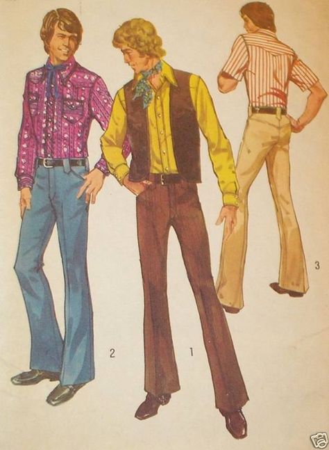 Again, Totally Not Gay in its own time. Mens Western Vest, 70s Fashion Men, 70s Inspired Outfits, Mens Sewing Patterns, Western Vest, 70s Men, 70s Outfits, Shirt Vest, Simplicity Patterns