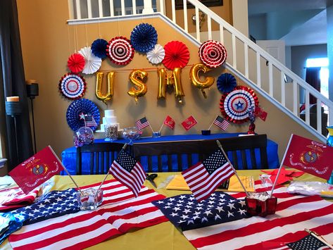 Marine Corps party decor Marine Deployment Party, Marine Corps Welcome Home Party, Marine Corps Birthday Party, Marines Decorations Party, Marine Corps Themed Party, Marine Corps Decorations Party, Marine Party Decorations, Marine Retirement Party Ideas, Marine Send Off Party Ideas