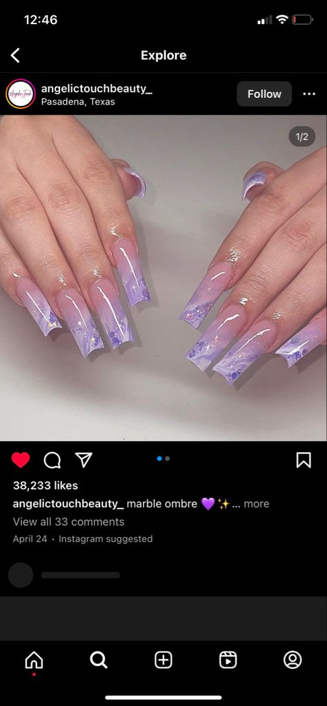 Amethyst Nails Acrylic, Lavender Sparkle Nails, Lavender And Gold Nails, Lavender Acrylic Nails, Amethyst Nails, Lily Nails, Birthday Nail Designs, Glitter French Tips, Graduation Nails