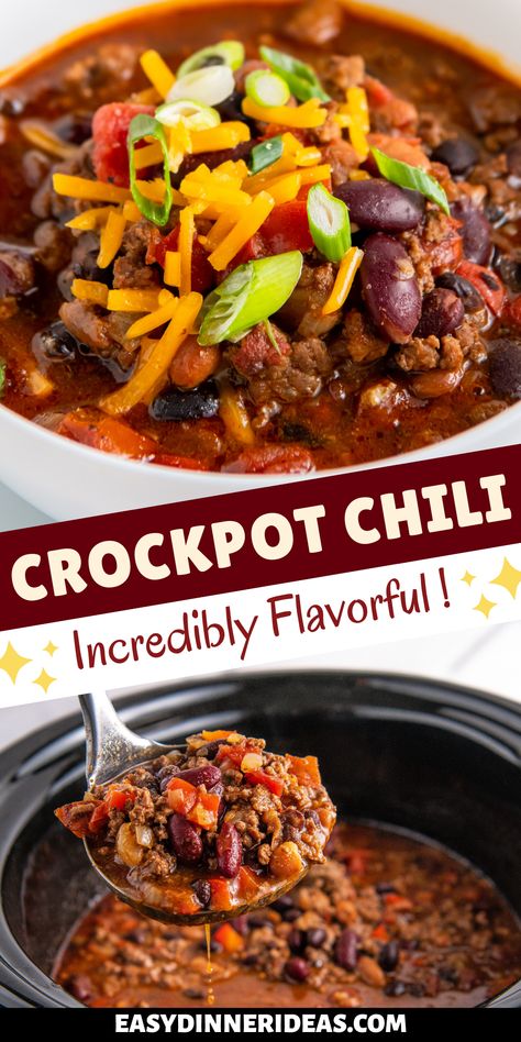 Hearty Crockpot Chili is a classic slow cooker recipe that everyone will love. It's loaded with lean ground beef, roasted tomatoes, and tons of beans. Add your favorite toppings for a simple dinner! Croc Pot Chili Slow Cooker Easy Recipes, Crockpot Red Chili Beef, Red Chili Recipes Crock Pots, Crockpot Red Chili, Sunday Chili Recipe, Best Crock Pot Chili Recipe Award Winning, Crockpot Ground Beef Chili, Slow Cooker 3 Bean Chili, Beef Stew Chili Recipe Crockpot