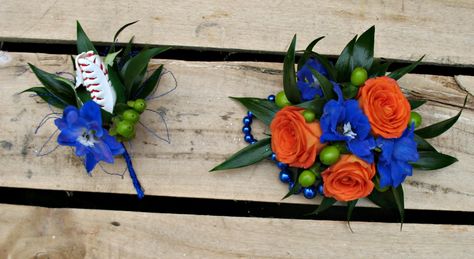 Baseball Boutonniere Orange and Royal Blue Wrist Corsage Blue Wrist Corsage, Boutonniere Orange, Royal Blue Homecoming Dress, Blue Corsage, Wrist Corsage Prom, Prom Corsage And Boutonniere, Boutonnieres Prom, Corsage And Boutonniere, Corsage Prom