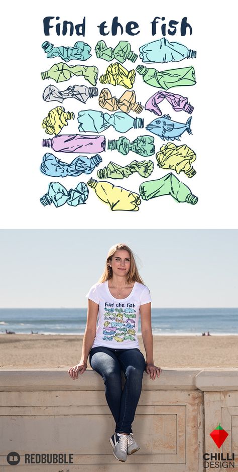 Trendy environmental t-shirt design with slogan “Find the fish” and save the ocean from plastic pollution. Eco t-shirt. Tshirt design. Environmental engagement and awareness. Save the ocean. Wildlife ecosystem marine conservation. Save turtles. Climate change. Garbage plastic problem. California Pollution. #tshirt #tshirtdesign #environment #plasticpollution #plastic #marinelife #saveanimals #saveocean #sealife #nomoreplastic #ecology Animal Tshirt Design, T Shirt Text Design, Plastic And Environment, Eco Club, Ocean Wildlife, Gothic Tees, Save The Ocean, T-shirt Design Illustration, Environmental Graphic Design