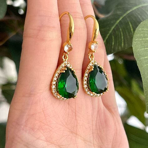 Emerald teardrop earrings, Gold Emerald dangle drop earrings, Emerald green earrings, Gold lace earrings, Handmade vintage style earrings by WithHerNYC on Etsy Handmade Wedding Jewellery, Teardrop Earrings Gold, Earring Hole, Emerald Green Earrings, Earrings Emerald, Jewel Wedding, Vintage Style Earrings, Lace Earrings, Statement Drop Earrings