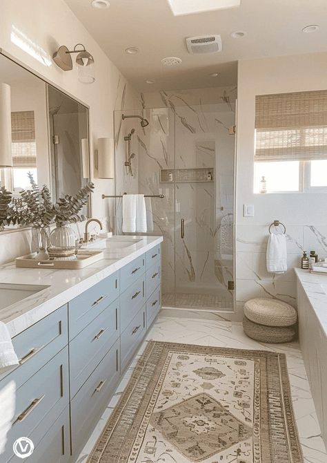 Bathroom Medium Size, Light Blue Bathroom Vanity Ideas, Bright And Airy Bathroom, Hamptons House Bathroom, Coastal Bathroom Ideas Beach Themes Master Bath, Bathroom Remodel Coastal, Master Bath Remodel Coastal, Master Bath Renovation Before And After, Bathroom White Marble Floor