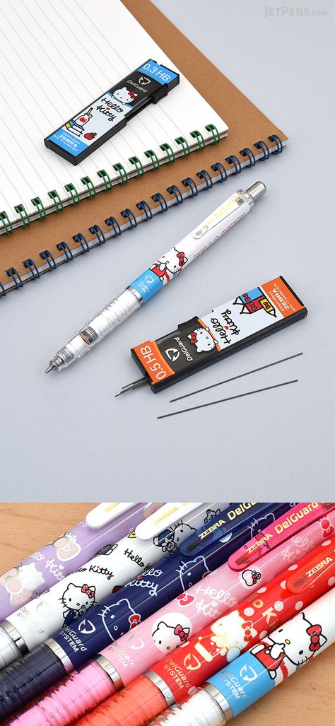 Zebra DelGuard Hello Kitty Mechanical Pencils protect your leads in super-cute style. Pair them with matching 0.5 mm and 0.3 mm Hello Kitty Leads. Hello Kitty Pencil, Kawaii Mechanical Pencils, Sanrio Pencil, Hello Kitty Mechanical Pencils, Zebra Midliners Highlighters, Zebra Delguard, Led Pencils, Fine Writing Instruments, New Pen