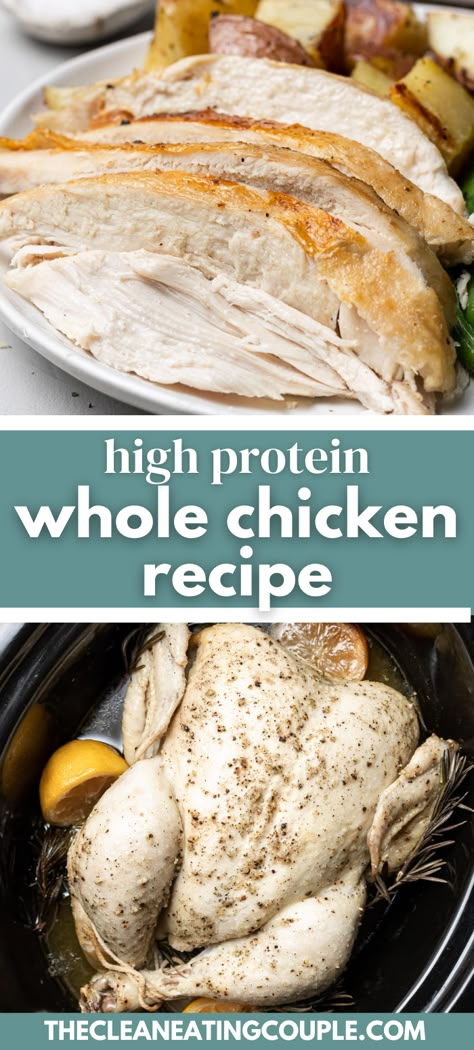 This High Protein Whole Chicken Recipe is an easy, filling, paleo/Whole30 dinner! With only a few minutes of prep, the slow cooker does all the work! It's delicious! Naturally gluten free and made with only 7 ingredients - this chicken is paleo, Whole30 and keto friendly. Save the scraps and make soup! Whole 30 High Protein, Crockpot Whole Chicken, Healthy Grilled Chicken Recipes, Easy Whole30 Recipes, Whole Chicken Recipe, Easy Meal Prep Recipes, Easy High Protein Meals, Paleo Slow Cooker, Easy Whole 30 Recipes