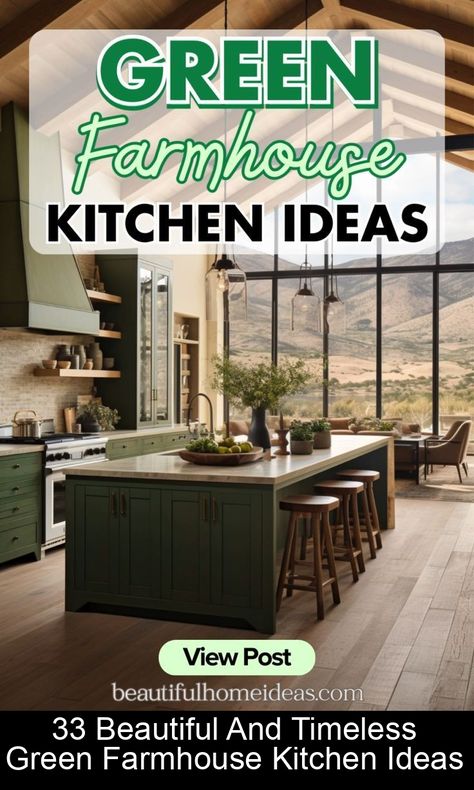 The farmhouse kitchen aesthetic has a timeless charm that resonates with many homeowners. In recent years, there has been a growing trend of incorporating the color green into these cozy spaces, adding a touch of nature and tranquility to the heart of the home. In this blog post, we’ll explore and celebrate some of our... Butcher Block Countertops Green Cabinets, Green Farmhouse Kitchen, Green Cottage Kitchen, Farmhouse Kitchen Aesthetic, Vintage Green Kitchen, Sage Green Kitchen Cabinets, Apron Sinks, Island With Stove, Green Kitchen Island