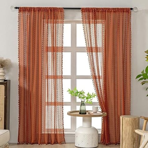 Amazon.com: WAZZIO Cotton Crochet Lace Boho Curtains 2 Panel Rustic Burnt Orange Sheer Curtains 84 Inches Long Rod Pocket Rust Tassel Geometric Light Filtering Terracotta Curtains Bedroom Living Room Drapes : Home & Kitchen Terracotta Curtains, Orange Sheer Curtains, Burnt Orange Curtains, Autumn Bedroom Decor, Southwestern Living Room, Fall Curtains, Sheers Curtains Living Room, Cafe Curtain Rods, Orange Curtains