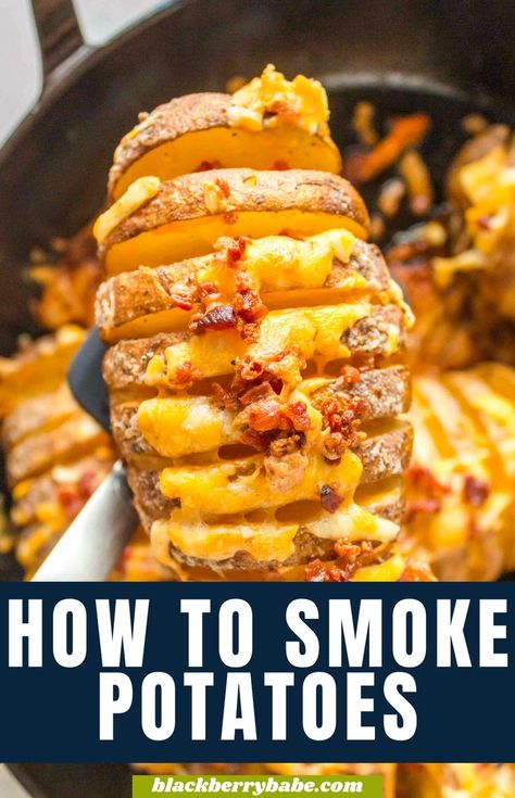 a closeup photo of a smoked potato topped with cheese and bacon Smoker Potatoes, Easy Smoker Recipes, Pellet Smoker Recipes, Smoked Potatoes, Dinner Recipes Healthy Family, Hasselback Potatoes, Pellet Grill Recipes, Traeger Recipes, Side Dishes For Bbq