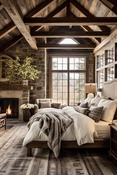 Timber Frame Bedroom, Dark Farmhouse Interior, Mountain Home Aesthetic, Barndominium Bedroom Ideas, Rustic Mountain Homes Interior, Modern Hunting Lodge, Moody Cabin, Mountain Bedroom, Cabin Bedroom