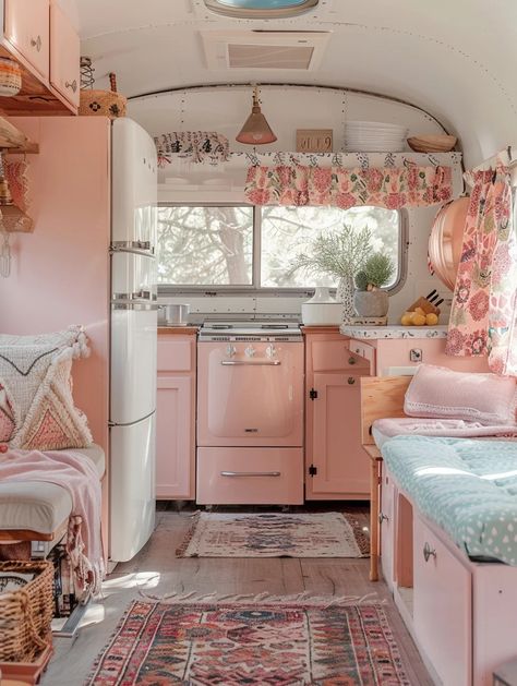 95+ Boho and Hippie Camper Design Ideas - TastyInteriors Camper Design Ideas, Pink Caravan, Cute Rv, Shabby Chic Campers, Caravan Interior Makeover, Pink Camper, Hippie Camper, Vintage Trailer Interior, Vintage Camper Interior