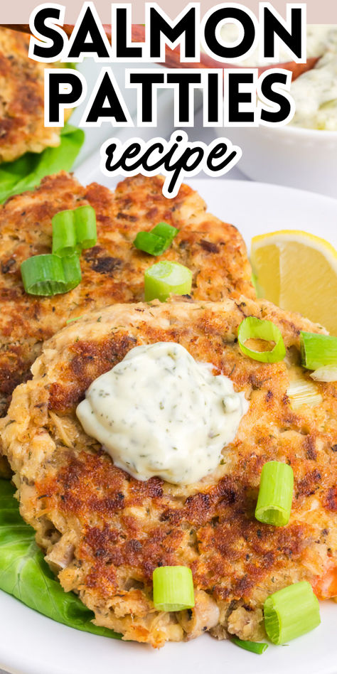 Salmon patties on a white plate. Salmon Cakes Recipe Canned, How To Make Salmon Patties From A Can, Salmon Quesadilla, Salm9n Patties, Salmon Pattie’s, Easy Salmon Patties, Recipe For Tartar Sauce, Easy Salmon Pattie’s, Canned Salmon Patties