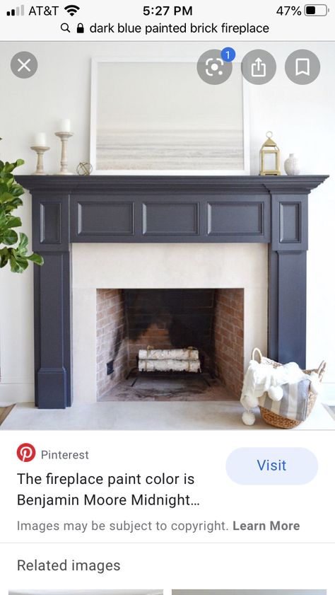 Painted Fireplace Surround Color Schemes, Dark Blue Fireplace, Blue Fireplace, Painted Fireplace, Painted Brick Fireplace, Living Room Transformation, Paint Fireplace, Dark Furniture, Mantle Piece