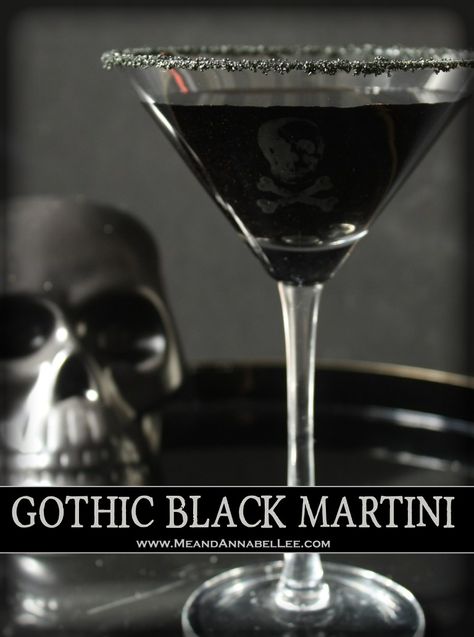 Gothic All Black Martini | Blavod Vodka | Skull Martini | Halloween Cocktail | www.MeandAnnabelLee.com Halloween Martini, Black Vodka, Black Martini, Black Cherry Juice, Black Food Coloring, Annabel Lee, Halloween Cocktail, Tart Cherry Juice, Strawberry Wine