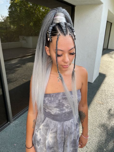 Silver Festival Hair, Festival Braid Ponytail, Silver Braids, Braids Festival, White Ponytail, Festival Braid, Festival Braids, Boring Hair, Braids With Extensions