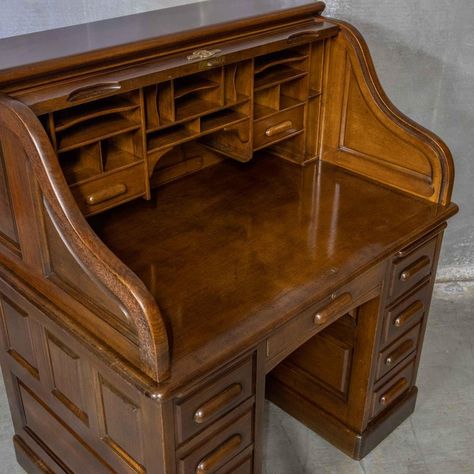 A super quality, unusually small walnut roll top desk from the Victorian/Edwardian period. All the outer panelling is fielded (bevelled) and the desk sits equally well off the wall. The pedestal drawers lock when the tambour is closed and the lock has two keys. Height to Worktop - 78cm Victorian Desk Aesthetic, 1910s Furniture, Desk Dark Wood, Antique Roll Top Desk, Appalachian Horror, Walnut Roll, Dark Wood Desk, Vintage Wooden Desk, Victorian Desk