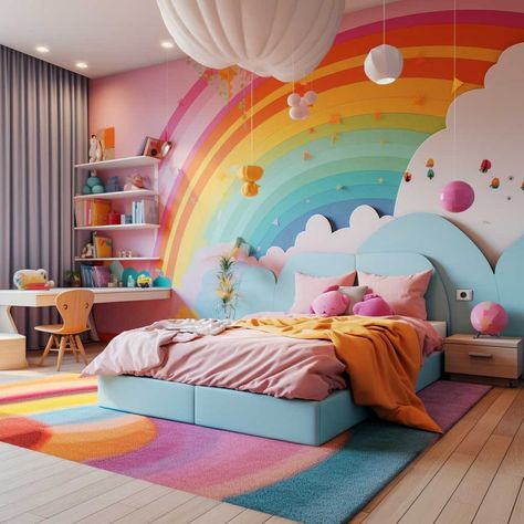 Rainbow Girls Room Ideas, Art Theme Bedroom, Kids Room Design Girls Bedroom Ideas, Bright Girls Bedroom, Bright Girls Room, Girls Bedroom Ideas Rainbow, Colorful Toddler Girl Room, Kids Rainbow Bedroom, Rainbow Bedroom Ideas