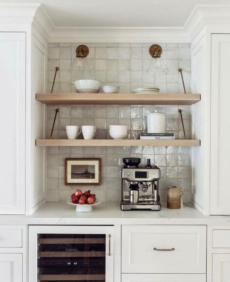 Built In Coffee Bar, Diy Coffee Bar, Bar Inspiration, Home Coffee Stations, Coffee Bars In Kitchen, Coffee Nook, Home Coffee Bar, Open Kitchen Shelves, Modern Farmhouse Kitchens