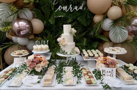 Garden Themed Dessert Table, Dessert Table Ideas Engagement Party, Engagement Dessert Table, Baby Shower Dessert Bar, Bridal Shower Desserts Table, Wedding Cake Table Decorations, Engagement Party Themes, 65th Wedding Anniversary, Dessert Bar Wedding