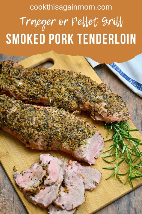 Smoked Pork Tenderloin on a pellet grill is topped with a layer of seasoning and Parmesan, then cooked with fresh rosemary and garlic. Treager Pork Tenderloin Recipes, Pellet Smoked Pork Tenderloin, Traeger Pork Tenderloin Recipes, Pork Tenderloin Recipes Pellet Grill, Treager Pork Loin Recipes, Pork Tenderloin On Traeger Grill, Pork Tenderloin On Pellet Grill, Traeger Grill Recipes Pork, Pork Tenderloin Traeger Recipes