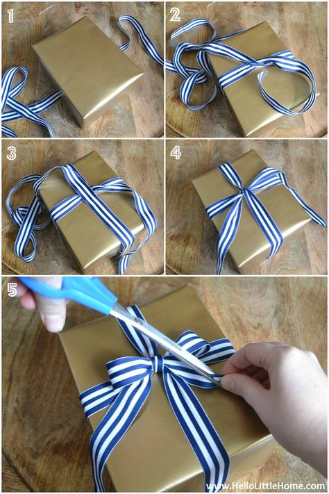 Present Wrapping Tips: How to Tie a Bow | Hello Little Home #giftwrap #Christmas #holidays Ribbon On Presents, Creative Corporate Gifts, Bows For Presents, Cute Gift Wrapping Ideas, Pretty Gift Wrapping Ideas, Package Bows, Gift Wrapping Techniques, How To Tie Ribbon, Gift Wrapping Inspiration