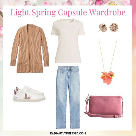 Light Spring Romantic, Light Spring Style, Light Spring Fall Wardrobe, Dyt Type 1 Clothes Color Palettes, Light Spring Palette, Spring Jeans, Light Spring Colors, Color Outfits, Neutral Shoes