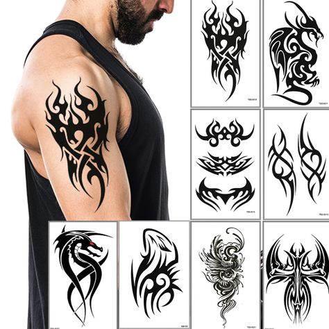 Temporary Tattoos Big Tribal Totem Tattoo Sticker for Men Women Black Large Body Art Makeup Fake Tattoo Waterproof Removable (Pattern5) Tattoos Big, Voll Arm-tattoos, Stammestattoo Designs, Tattoo Easy, Party Tattoo, Gym Party, Totem Tattoo, See Tattoo, Wedding Dancing