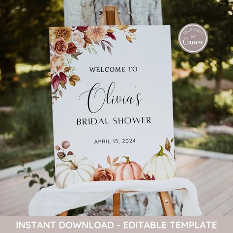 Fall in Love Bridal Shower Welcome Sign, Rust Burgundy Autumn Floral Pumpkin Bridal Shower, Fall Wedding Shower Welcome Poster, Editable Bridal Shower Fall In Love, Autumn Bridal Shower, Fall In Love Bridal Shower, Autumn Bridal, Floral Pumpkin, Fall Bridal Shower, Bridal Shower Welcome Sign, Shower Welcome Sign, Welcome Poster