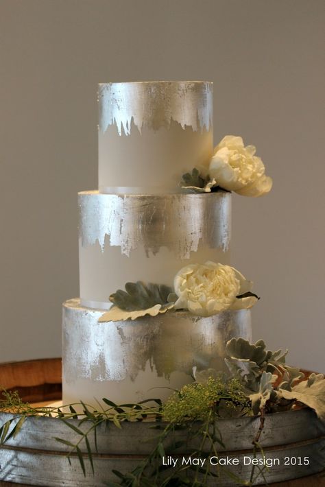 Silver Leaf Wedding Cake - Jan 2015 Masquerade Cupcakes, Wedding Cake Silver, Leaf Wedding Cake, Silver Anniversary Party, Gold Cake Decorations, Fall Birthday Cakes, 25th Wedding Anniversary Cakes, 25 Anniversary Cake, White And Gold Wedding Cake