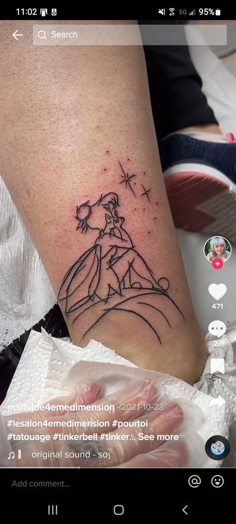 Tattoo Ideas Tinkerbell, Tinker Bell Tattoos For Women, Simple Tinkerbell Tattoo, Tinker Bell Tattoos, Tinkerbell Tattoo Sassy, Disney Tattoos Cinderella, Tinkerbell Tattoo Ideas, Tinkerbell Drawing, Tinkerbell Tattoo