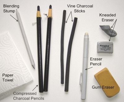 Charcoal tools for drawing Colored Charcoal Art, Char Coal Drawing, Charcoal Art Supplies, Drawing Tools Art Supplies, Sketching Essentials, Charcoal Realism, Coal Drawing, Drawing Essentials, Charcoal Sketching