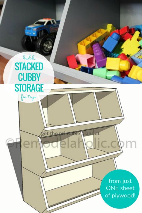 Build a stacked cubby storage toy organizer to keep toys tidy! This easy beginner build takes just one sheet of plywood and a few hours. Organize toys, blocks, books, dolls, trucks, and more in a kids' room, play room, family room, or craft room. Printable woodworking plans, instant download. #remodelaholic #beginnerwoodworking #woodworkingplans #toystorage  #kids Diy Cubbies Storage, Toy Cubby Storage, Jesse Turner, Toy Organization Diy, Toy Storage Shelves, Storage For Toys, Boys Room Diy, Organize Toys, Childrens Toy Storage