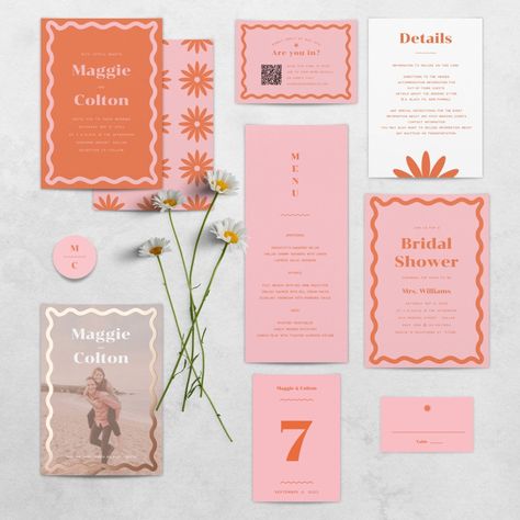 Daisy Wedding Menu  Zazzle Playful Wedding Invitations, Wedding Stationary Design, Orange And Pink Wedding, Stationary Inspiration, Daisy Wedding, Wedding Anniversary Invitations, Retro Wave, Wedding Enclosure Cards, Pink Wedding Invitations