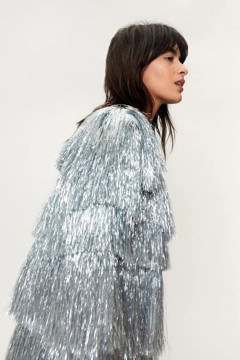 Metallic Open Front Tiered Tinsel Fringe Jacket | Nasty Gal (US) Tinsel Fringe Jacket, Fringe Jacket Outfit, Home Clothes Women, Tassel Jacket, Fringe Coats, Fringe Kimono, Diy Jacket, Sequin Jacket, Fringe Jacket