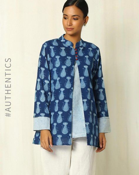 Buy Indie Picks Women Indigo Handblock Cat Print Indigo Cotton Shirt Set | AJIO Indigo Cotton Traditional Tops, Indigo Cotton Floral Print Tops, Indigo Cotton Batik Print Top, Indigo Block Print Cotton Dress, Indigo Button-up Cotton Shirt, Cat Print, Desi, Cotton Shirt, Kimono Top