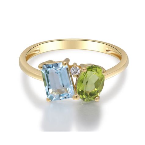 Helzberg Diamonds Blue Topaz, Peridot And Diamond Toi Et Moi Ring In 10k Yellow Gold Size 6 Description This Alluring Toi Et Moi Ring Features One Emerald Cut Blue Topaz, One Oval Peridot And One Brilliant Cut Diamond Accent In A Glistening 10k Yellow Gold Setting. Dual Birthstone Ring, Stone Ring Design, Birthstone Engagement Rings, August Birthstone Ring, Radiant Engagement Rings, Multi Gemstone Ring, Colored Stone Rings, Helzberg Diamonds, Colored Engagement Rings