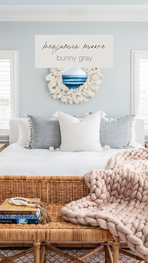 Benjamin Moore's Bunny Gray is a favorite of ours. We can't get enough of this feathery soft blue gray tone! Benjamin Moore Bunny Gray, Beach Style Bedroom, Comforter Storage, Coastal Interiors Design, Light Grey Walls, Coastal Bedrooms, Coastal Bedroom, Primary Bedroom, Coastal Interiors